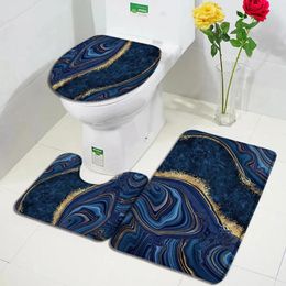 Bath Mats Blue Marble Mat Set Gold Line Texture Modern Abstract Geometric Waves Bathroom Decor Carpet Non-Slip Rugs Toilet Lid Cover