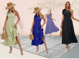 Europeiska och amerikanska kvinnors sommarbåge enstaka axelparti i midjan band elegant lång klänning
