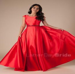 New Long Red Aline Modest Pom Dresses With Sleeves Pockets Satin Simple Elegant Teens Girls Formal Prom Party Gowns Custom Made F8090995