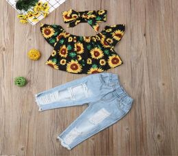 Baby Girl Clothing Sets Off Shoulder Print Tops Ripped Denim Pants Headband 3Pcs Outfits Summer Clothes8838260