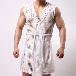 Home Clothing Drawstring Waist Nightgown Men's Sexy Lace-up Mesh Night Robe Sleeveless Hollow Out Loungewear Homewear For Summer Men