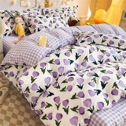 Bedding Sets Floral Set Pink Purple Tulip Fashion Duvet Cover Flat Sheet Pillowcase Girls Boys Soft Thin Summer Bed Linen No Filler