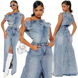 Work Dresses Retro Denim Skirt Suit Two Piece Sets Women Summer Sleeveless Top High Waist Long Split End Ladies Street Wear Clothes