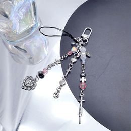 Y2k Bow Tie Phone Chain Pendant Cross Beads Charm Sweet Cool Earphone Case Hanging Rope Anti-Lost Camera Lanyard Strap Bag Decor