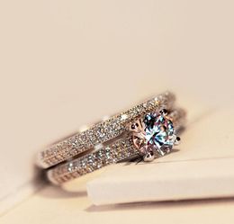 2PCS l set Bamos Luxury Female White Bridal Wedding Ring Set Fashion 925 Silver Filled Jewellery Promise CZ Stone Engagement Rings1168994