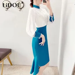 Casual Dresses Spring Autumn Stand Elegant Fashion Lace Patchwork Bodycon Dress Female Long Sleeve Irregular Slim Robe Femme Midi Vestido