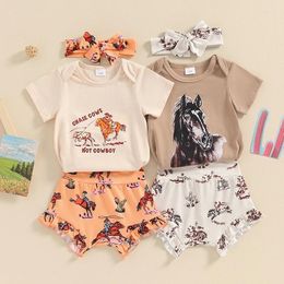 Clothing Sets Baby Girls Summer 3Pcs Western Outfits Short Sleeve Horse Print Romper Shorts Headband Set Born Clothes