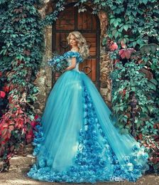 Vintage Blue Quinceanera Dresses Ball Gown Fairy Hand Made Flowers Off Shoulder Tulle Sweet 16 Dresses Vestidos De 15 Anos Birthda8636972