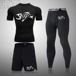 Rings 3 Pcs Set Men's Workout Sports Suit Fiess Compression Clothes Running Jogging Sport Tshirts Wear Exercise Rashguard Gym Men