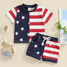 Clothing Sets Independence Day Kids Boys Summer Star Striped Print Short Sleeve Patchwork T-shirts Tops Elastic Waist Shorts