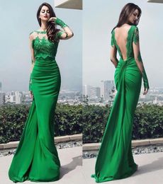 2020 Backless Evening Dresses Sexy Mermaid Illusion Long Sleeves Dubai Prom Dress Lace Formal Party Gowns Maxi Dress4148092