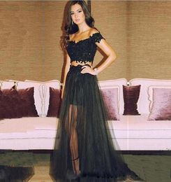 Off Shoulder Short Sleeve Appliques Prom Dresses Cheap Black Lace Long Evening Dresses Sexy Long Two Piece Prom Party Dresses8547446