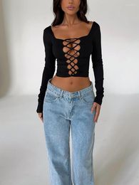 Women's T Shirts Kimydreama Women Bodycon Hollowed Front Crop Tops Long Sleeve Backless Tie-up Casual Pullovers T-Shirt Streetwear