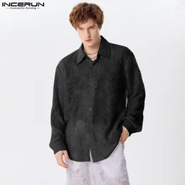 Men's Casual Shirts INCERUN Men Shirt Jacquard Patchwork Lapel Long Sleeve Loose Clothing Streetwear 2024 Transparent Sexy Fashion Party