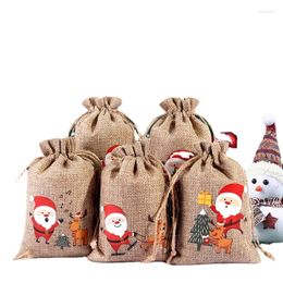 Gift Wrap 6pcs/lot Retro Linen Drawstring Bags Christmas Pattern Printing Santa Claus Birthday Party Bag