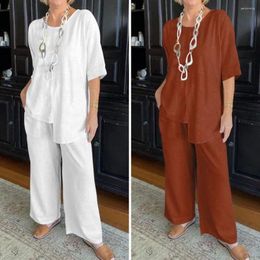 Women's Two Piece Pants Round Neck Ladies Suit Stylish T-shirt Set With Irregular Hem Wide Leg Design Elastic Waist For Summer Homewear