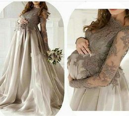 Elegant Maternity Long Sleeves Evening Dresses Wear Jewel Lace Applique Organza Skirt Plus Size Pregnant Women Prom Gowns Gray Ves2350785