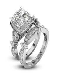 2 pcs Dazzling Unique Love Design 925 Sterling Silver White Sapphire Diamond Wedding Engagement Ring Set size 61059938229704266