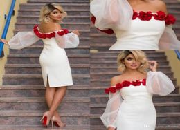 White Special Design Elegant Prom Dresses Off Shoulder Puff Sleeve KneeLength Party Gowns With Hand Made Flowers Custom Made Form8676638