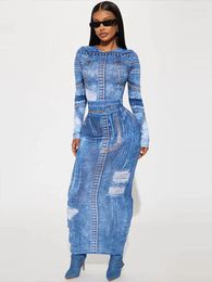 Work Dresses 2024 Stylish Women's Blue Denim Suits Long Sleeve Two-piece Skirt Set