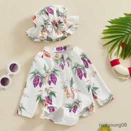 One-Pieces Toddler Girl Rash Guard Swimsuit Cute Fruit Print Long Sleeve Bathing Suit Infant Swimwear with Sun Hat