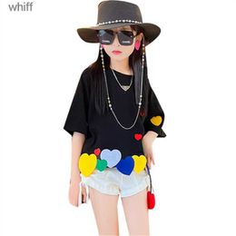 T-shirts T-shirts Fashion Girls New Design Tshirts with Colorful Heart Loose Top Clothes for Kids Girls Korean Short Sleeve Tees 4-14Year T230209 C240413