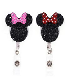 50PCSLot Cute Key Rings Cartoon Mouse Head Enamel Rhinestone Nurse Medical Gift Retractable Animal ID Name Badge Reel Holder1694386