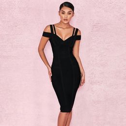 Casual Dresses HQBORY Classic Women Black Mid Bandage Dress Strap Off Shoulder Slim Knitted Tight Party Club Vestido Quality Vintage