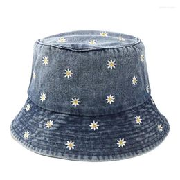 Berets LDSLYJR Spring Denim Cartoon Flower Embroidery Bucket Hat Fisherman Outdoor Travel Sun Cap For Girl And Women 158