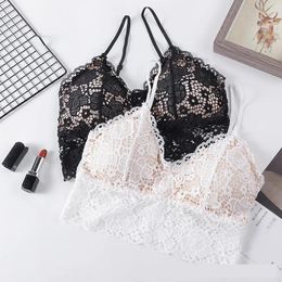 Camisoles & Tanks Women Black White Sexy Tank Tops Lace Floral Crochet Padded Bra Cotton Wireless V-Neck French Bralette Triangle Cup Vest