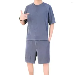 Men's Tracksuits 2-piece Summer Casual Suit O-neck Short-sleeved T-shirt Elastic Drawstring Waist Bag Wide-leg Shorts