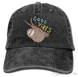 pzx Unisex Adult Good Vibes Funny Sloth Dyed Washed Cotton Denim Baseball Cap Hat3720492