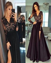 Vintage Black Long Sleeve Evening Dresses 2022 Sheer Appliques V Neck Split Evening Prom Gowns Women Occasion Wears BC107004787792