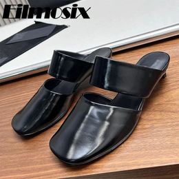 Slippers 2024 Shallow Closed Toe Half Women Real Leather Square Mules Kitten Heel Casual Outside