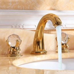 Bathroom Sink Faucets 3 Piece Set Wash Basin Mixer Luxury High Quality Brass Gold Plating Crystal Handle Faucet