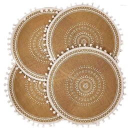 Table Mats Round Placemats Set Of 4 Boho Woven Jute With Pompom Tassel For Dining Room Kitchen Decor CNIM