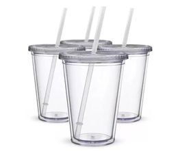 16oz Plastic Tumblers Double Wall Acrylic Clear Drinking Juice Cup With Lid And Straw Coffee Mug DIY Transparent Mugs FY53919471390