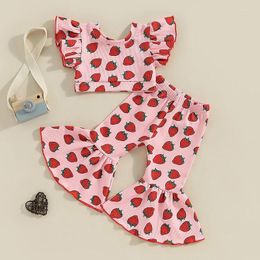 Clothing Sets Toddler Kid Baby Girls Clothes Flying Sleeve Strawberry Print Crewneck Crop Tops Flared Pants Outfits