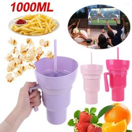 Plates 1000ml Portable Snack Container Multifunction Stadium Tumbler And Drink Cup 2 In 1 With Straw & Handle For Kids Adults