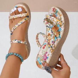 Dress Shoes Floral Wedge Sandals Women's Summer 2024 Bohemian Open-toe Flip-flops Elastic Mid-heel Roman Sandal