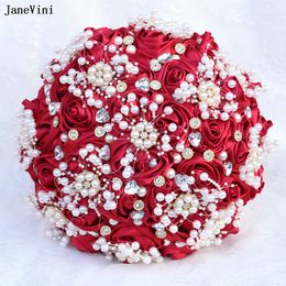 JaneVini New Luxury Crystal Pearls Burgundy Bridal Bouquets Artificial Satin Roses Bride Holding Flowers for Wedding Accessories