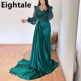 Mörkgrön sjöjungfru Satin aftonklänningar Lång ärmar V Neck glittor paljetter Custom Made Plus Size Prom Party Gown Vestidos