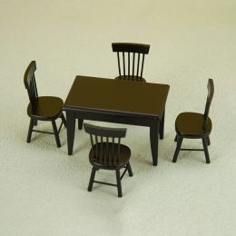 1:12 Dollhouse Kitchen Restaurant Mini Dining Table Food Black Table Chairs Scene Model Wooden Furniture Decor Toy Accessories