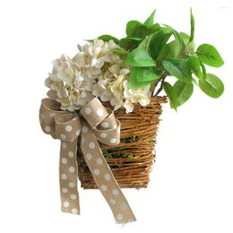 Decorative Flowers Artificial Hydrangea Rattan Basket Elegant Flower With Dotted Bowknot For Indoor Outdoor