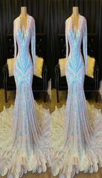 2022 Backless White Illusion neck Sexy Mermaid Prom Dresses Sequins Evening Dresses Open Back Pageant Gowns Custom Long Sleeves BC7692342