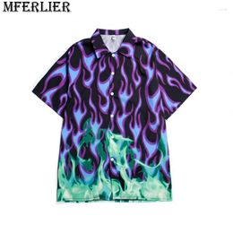 Men's Casual Shirts Summer Men Short Sleeve Fashion Korea Style Mferlier Japanese Print Fire Hip Hop High Street Cool