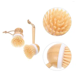 Liquid Soap Dispenser 2 Pcs Bamboo Pot Brush Wok Convenient Dish Scrubber Portable Washing Machine Household Brushes Sink Pan