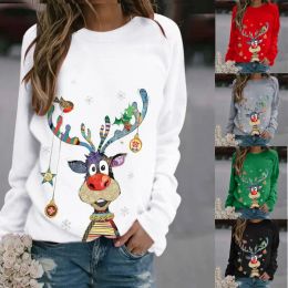 New Women's Reindeer Printed Long-sleeved Sweater Christmas Round Neck Casual Loose Top T-shirt Pullover
