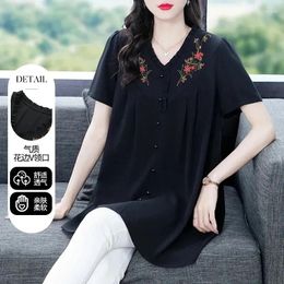 Women's Blouses Summer Black Thin Tshirts Large Size Loose V-Neck Embroidery Blouse Female Mother Elegant Pullover Shirts Tops 5XL