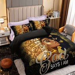 Golden Powder Butterfly African American Black Girl Print Bedding Set Soft Comfortable Duvet Cover For Bedroom Guest Room